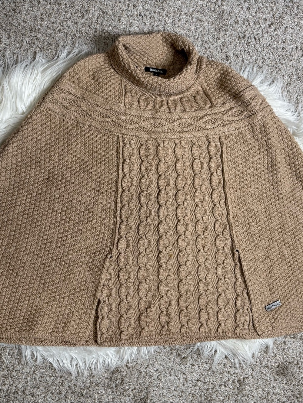 Barbour Camel Cable Poncho Sweater Neck Lambswool Cotton Sm